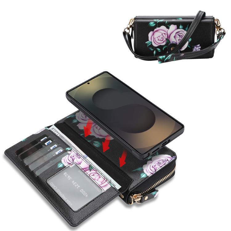For Samsung Galaxy S23 Ultra 5G Crossbody Flower Multi-functional Buckle Zipper Wallet Vegan Leather Phone Case