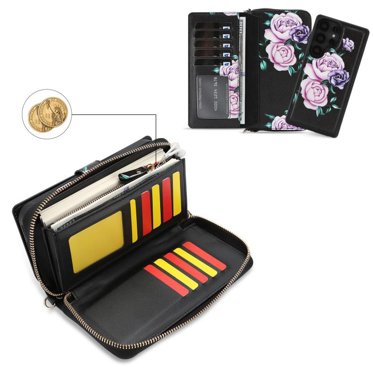 For Samsung Galaxy S23 Ultra 5G Crossbody Flower Multi-functional Buckle Zipper Wallet Vegan Leather Phone Case
