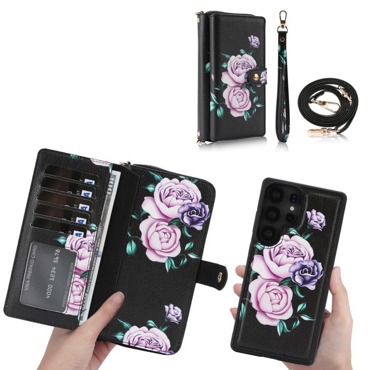 For Samsung Galaxy S25 Ultra 5G Crossbody Flower Multi-functional Buckle Zipper Wallet Vegan Leather Phone Case