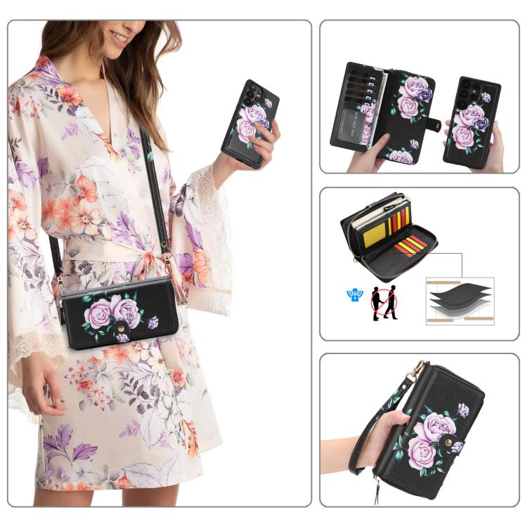 For Samsung Galaxy S24 5G Crossbody Flower Multi-functional Buckle Zipper Wallet Vegan Leather Phone Case
