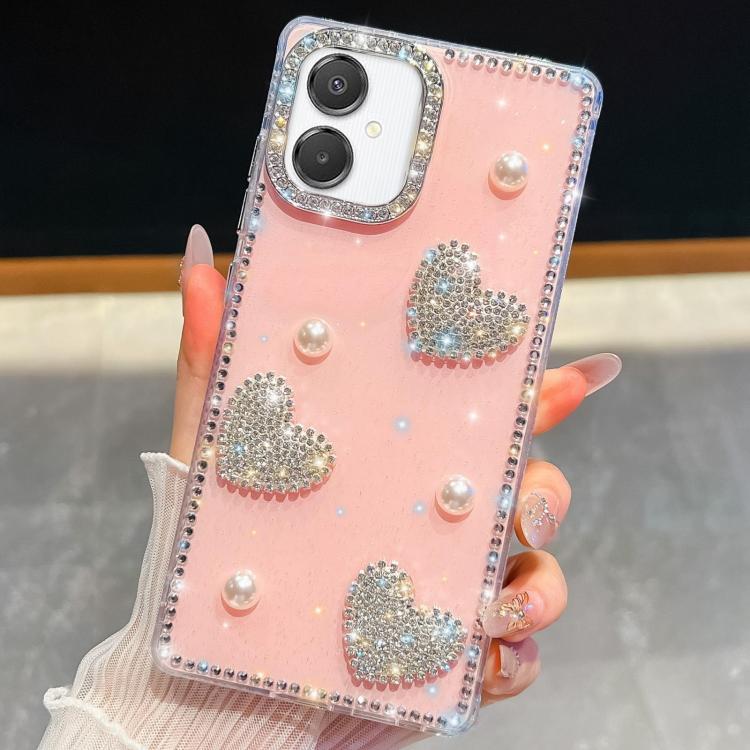 For Samsung Galaxy A07 5G Diamond Glitter Pearl Heart Four-Corner Shockproof Phone Case