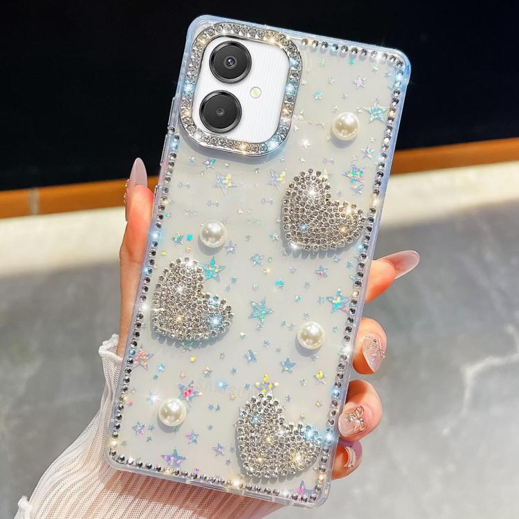 For Samsung Galaxy A07 5G Diamond Glitter Pearl Heart Four-Corner Shockproof Phone Case