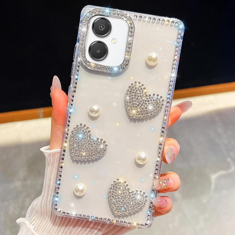 For Samsung Galaxy A07 5G Diamond Glitter Pearl Heart Four-Corner Shockproof Phone Case