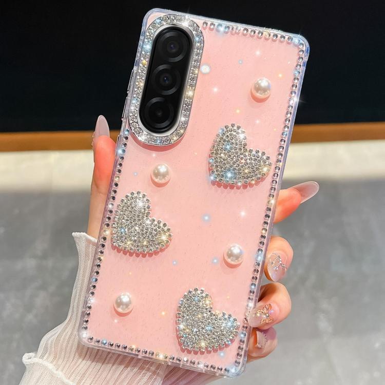 For Samsung Galaxy A36 5G Diamond Glitter Pearl Heart Four-Corner Shockproof Phone Case