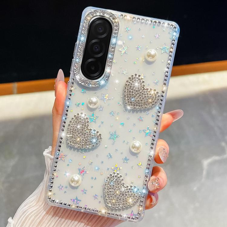 For Samsung Galaxy A36 5G Diamond Glitter Pearl Heart Four-Corner Shockproof Phone Case