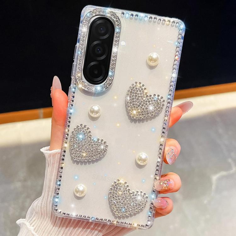 For Samsung Galaxy A36 5G Diamond Glitter Pearl Heart Four-Corner Shockproof Phone Case