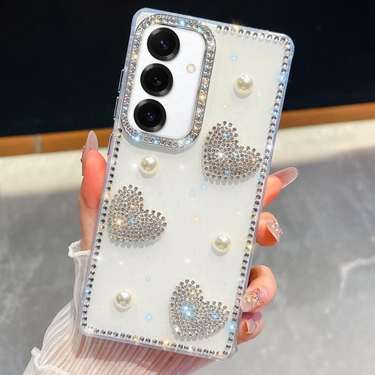 For Samsung Galaxy S25+ 5G Diamond Glitter Pearl Heart Four-Corner Shockproof Phone Case