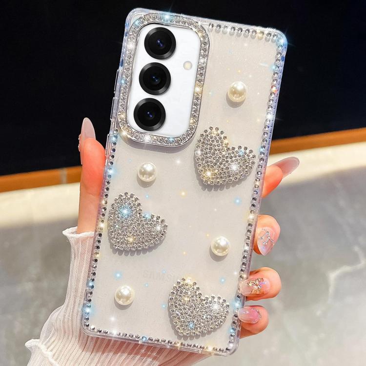 For Samsung Galaxy S25+ 5G Diamond Glitter Pearl Heart Four-Corner Shockproof Phone Case