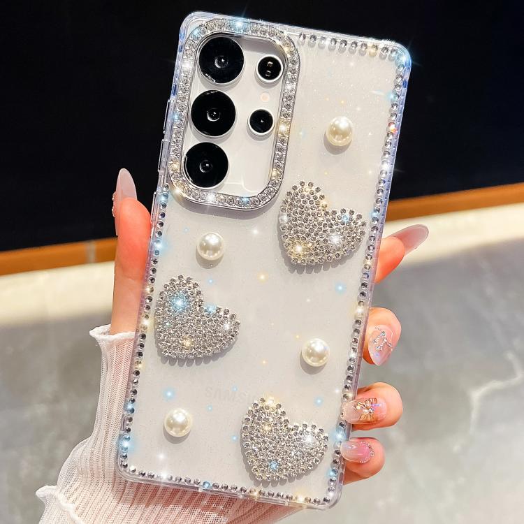 For Samsung Galaxy S25 Ultra 5G Diamond Glitter Pearl Heart Four-Corner Shockproof Phone Case