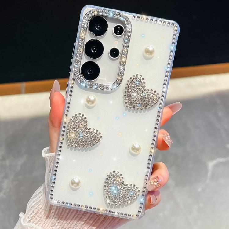 For Samsung Galaxy S24 Ultra 5G Diamond Glitter Pearl Heart Four-Corner Shockproof Phone Case