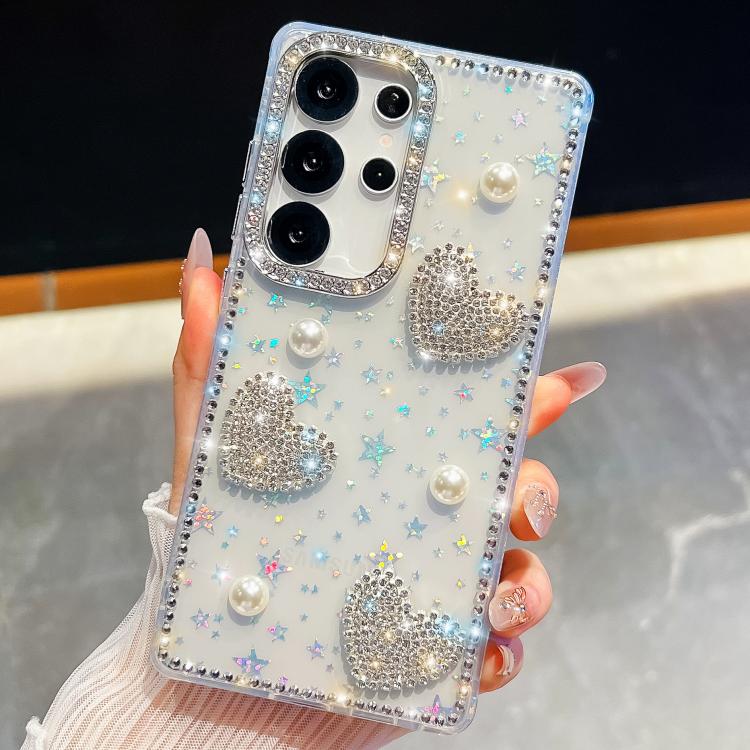 For Samsung Galaxy S24 Ultra 5G Diamond Glitter Pearl Heart Four-Corner Shockproof Phone Case