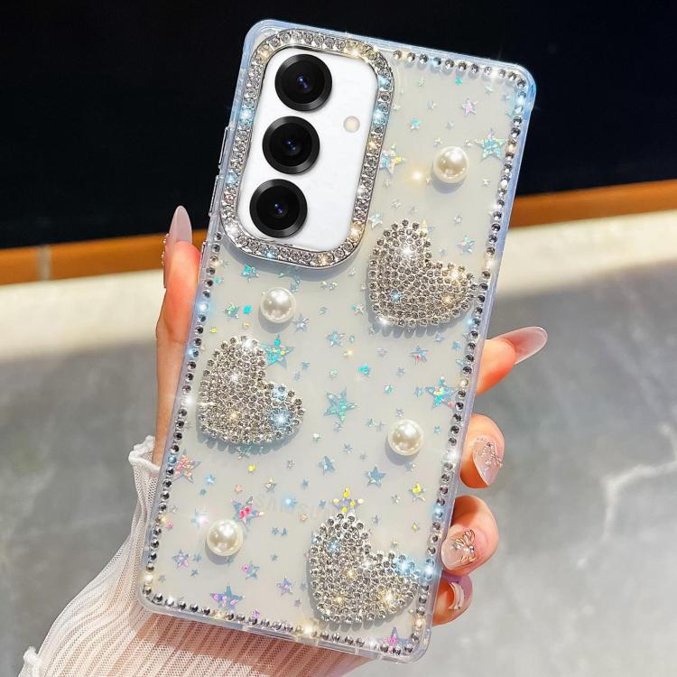 For Samsung Galaxy S24+ 5G Diamond Glitter Pearl Heart Four-Corner Shockproof Phone Case