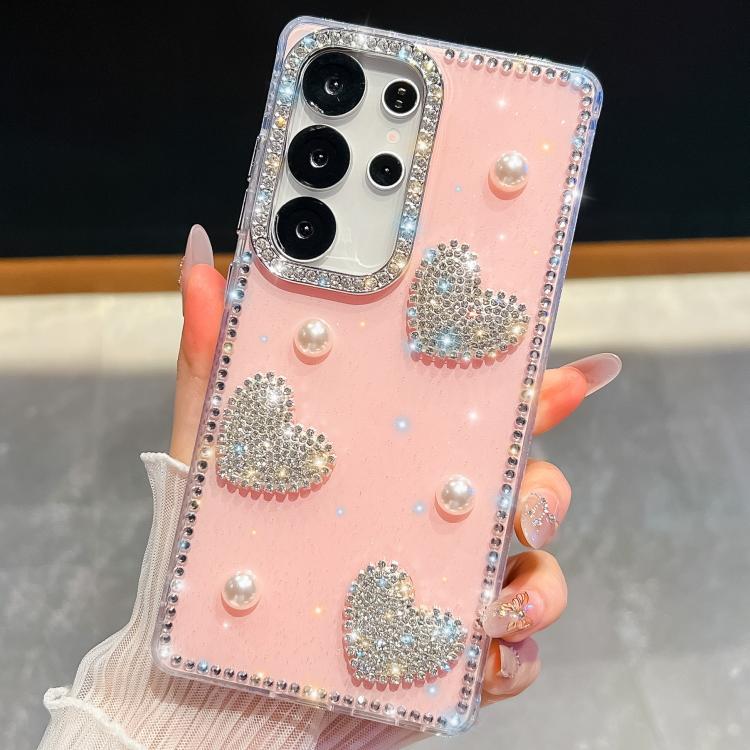 For Samsung Galaxy S23 Ultra 5G Diamond Glitter Pearl Heart Four-Corner Shockproof Phone Case