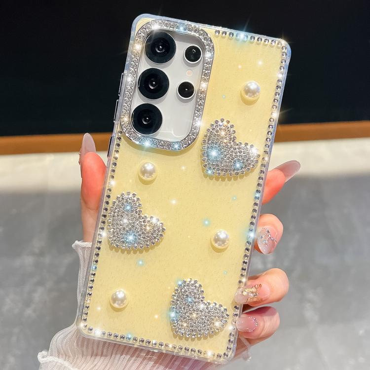 For Samsung Galaxy S23 Ultra 5G Diamond Glitter Pearl Heart Four-Corner Shockproof Phone Case