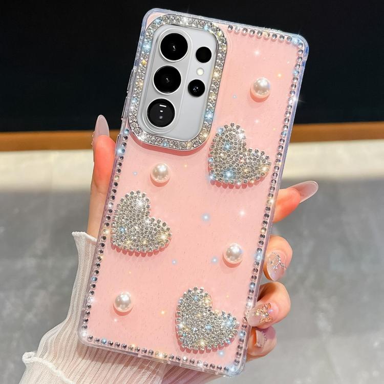 For Samsung Galaxy S26 Ultra 5G Diamond Glitter Pearl Heart Four-Corner Shockproof Phone Case