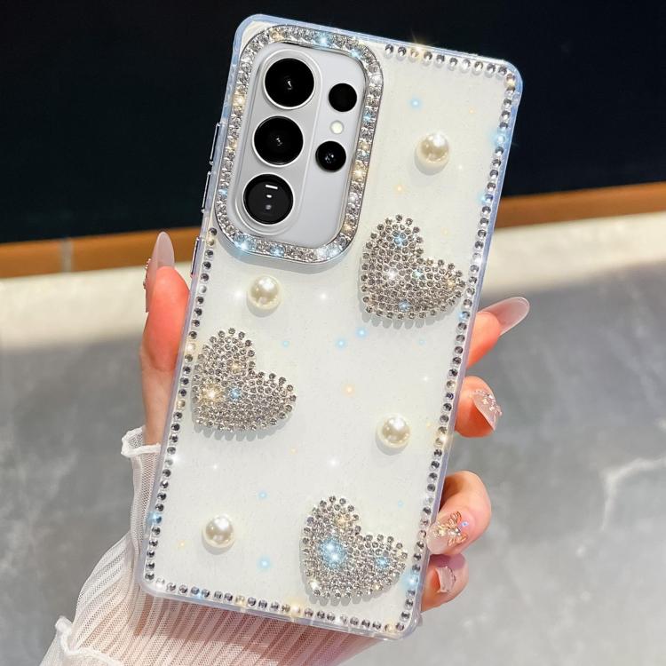 For Samsung Galaxy S26 Ultra 5G Diamond Glitter Pearl Heart Four-Corner Shockproof Phone Case