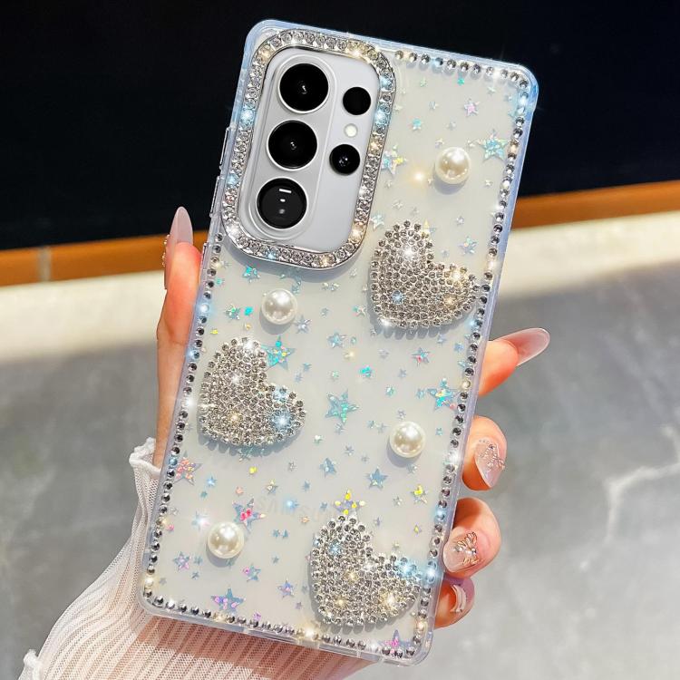 For Samsung Galaxy S26 Ultra 5G Diamond Glitter Pearl Heart Four-Corner Shockproof Phone Case