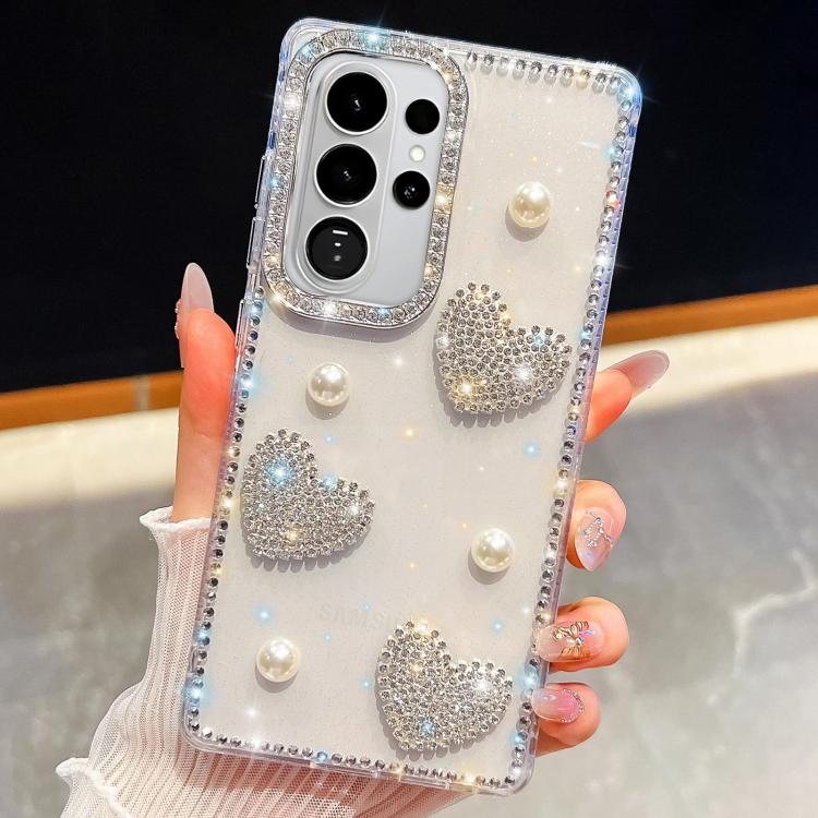 For Samsung Galaxy S26 Ultra 5G Diamond Glitter Pearl Heart Four-Corner Shockproof Phone Case