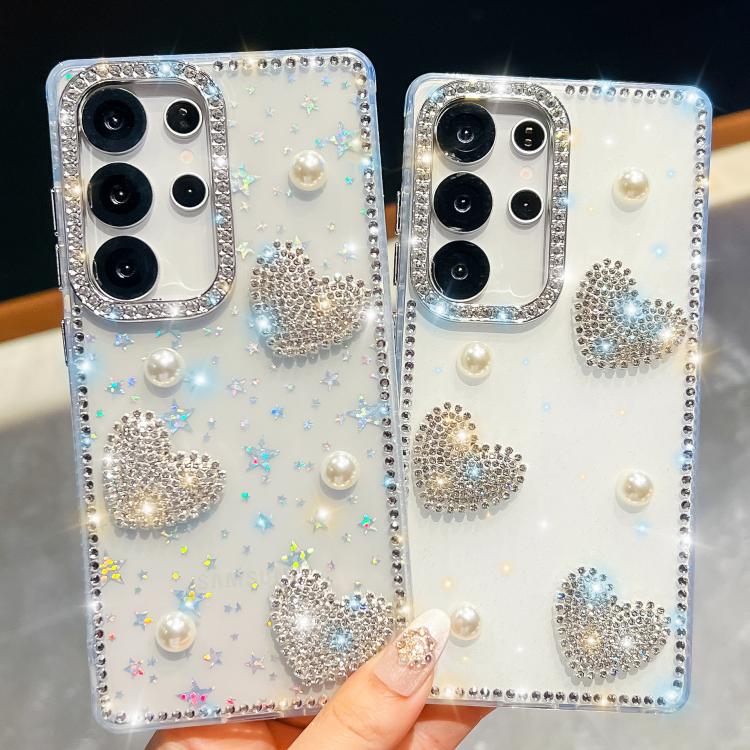 For Samsung Galaxy S25+ 5G Diamond Glitter Pearl Heart Four-Corner Shockproof Phone Case