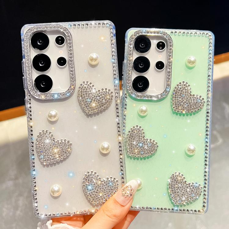 For Samsung Galaxy S25+ 5G Diamond Glitter Pearl Heart Four-Corner Shockproof Phone Case