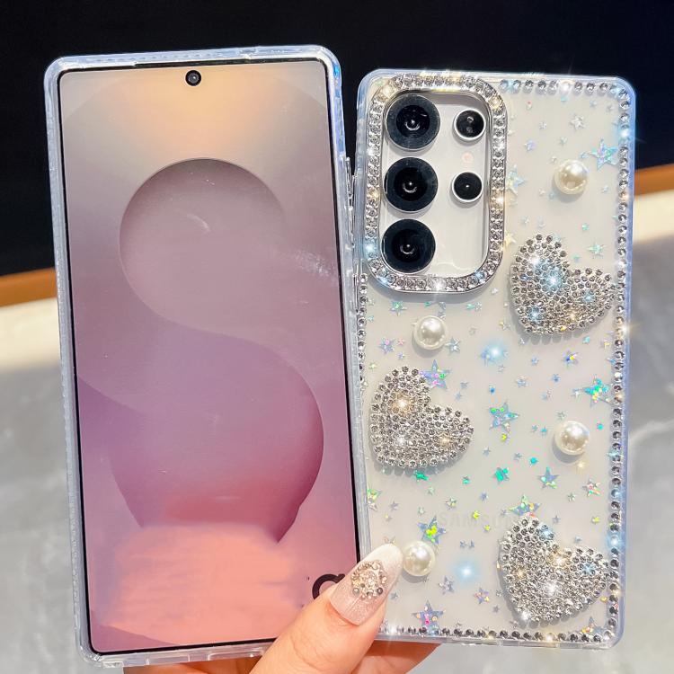For Samsung Galaxy A55 5G Diamond Glitter Pearl Heart Four-Corner Shockproof Phone Case