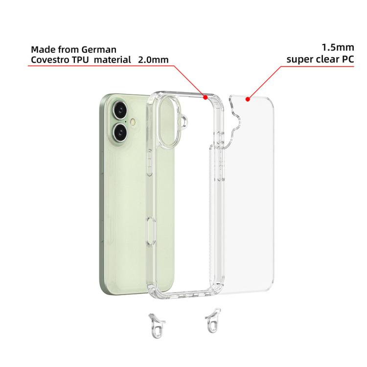 For iPhone 16 Plus Kalebol Minimalist High Transparency Multi Color Lanyard Hole Phone Case