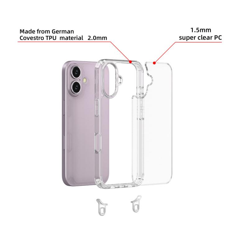 For iPhone 16 Kalebol Minimalist High Transparency Multi Color Lanyard Hole Phone Case