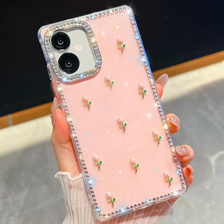 For Samsung Galaxy A07 5G Rhinestone Glitter 3D Tulip Four-Corner Shockproof Phone Case