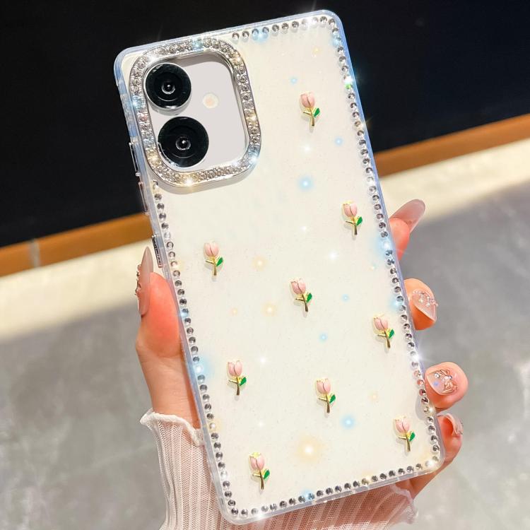 For Samsung Galaxy A07 5G Rhinestone Glitter 3D Tulip Four-Corner Shockproof Phone Case
