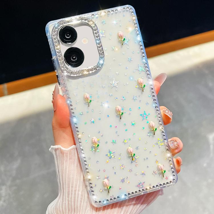 For Samsung Galaxy A07 5G Rhinestone Glitter 3D Tulip Four-Corner Shockproof Phone Case