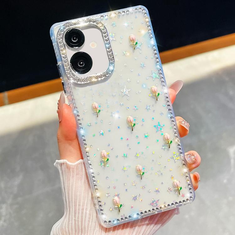 For Samsung Galaxy A07 5G Rhinestone Glitter 3D Tulip Four-Corner Shockproof Phone Case