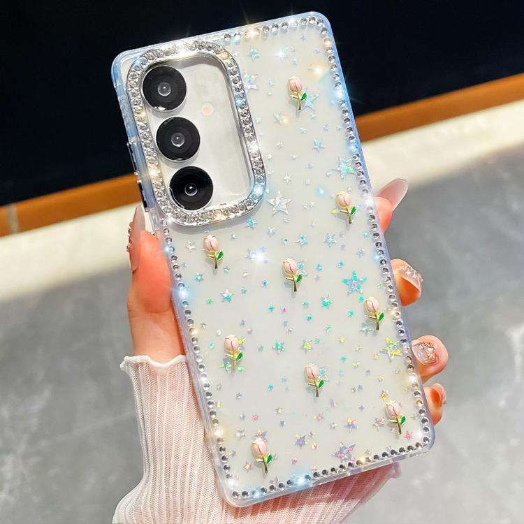 For Samsung Galaxy A17 5G Rhinestone Glitter 3D Tulip Four-Corner Shockproof Phone Case