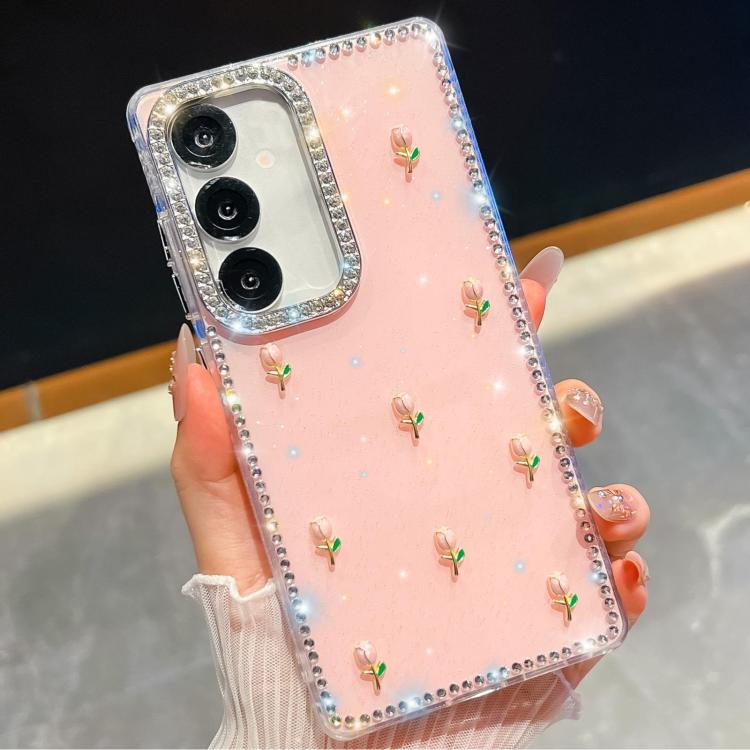 For Samsung Galaxy A56 5G Rhinestone Glitter 3D Tulip Four-Corner Shockproof Phone Case