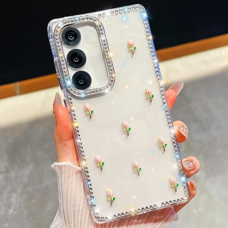 For Samsung Galaxy A26 5G Rhinestone Glitter 3D Tulip Four-Corner Shockproof Phone Case