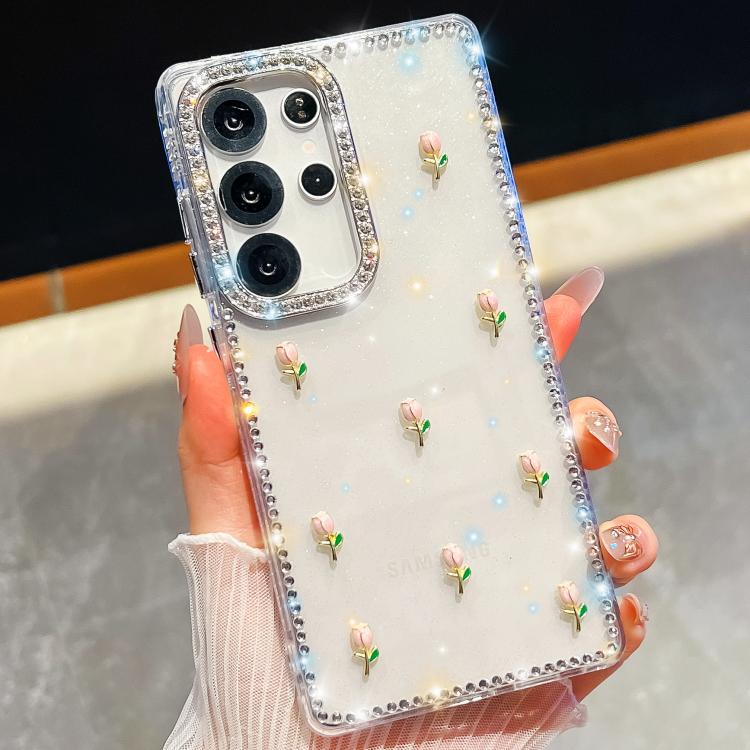 For Samsung Galaxy S25 Ultra 5G Rhinestone Glitter 3D Tulip Four-Corner Shockproof Phone Case