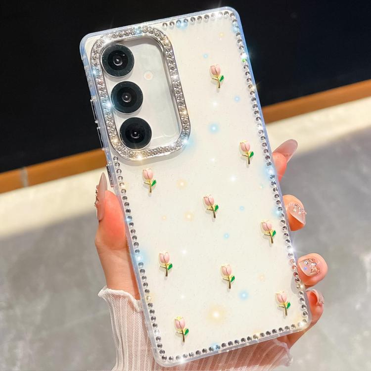 For Samsung Galaxy A35 5G Rhinestone Glitter 3D Tulip Four-Corner Shockproof Phone Case