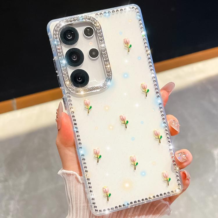 For Samsung Galaxy S24 Ultra 5G Rhinestone Glitter 3D Tulip Four-Corner Shockproof Phone Case