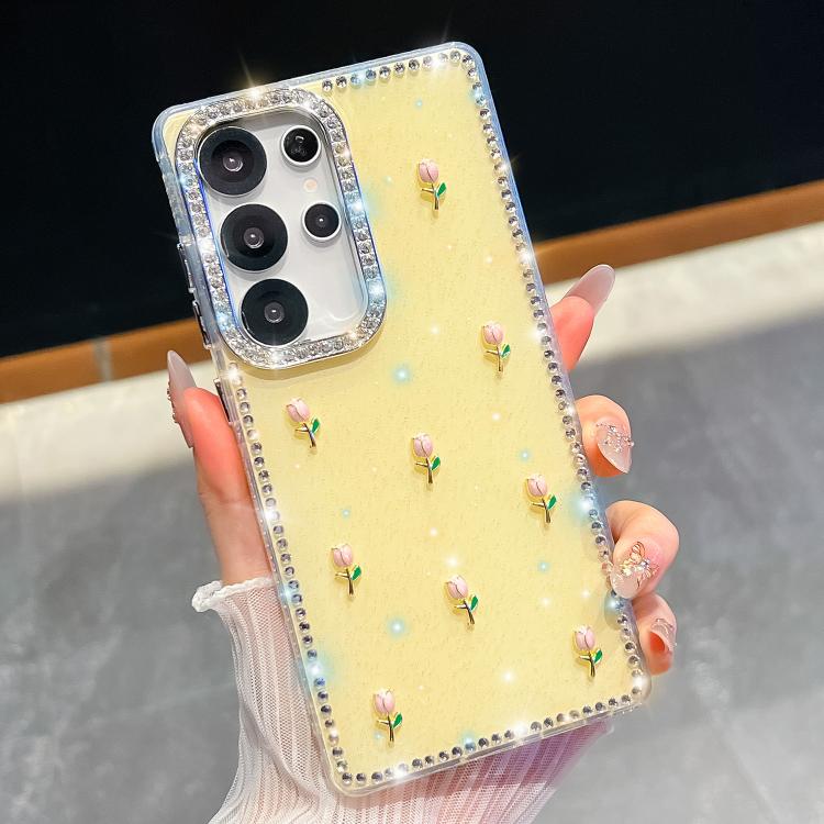 For Samsung Galaxy S23 Ultra 5G Rhinestone Glitter 3D Tulip Four-Corner Shockproof Phone Case