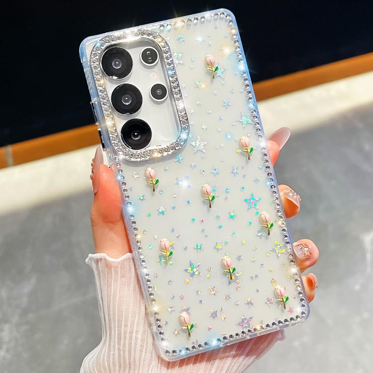 For Samsung Galaxy S23 Ultra 5G Rhinestone Glitter 3D Tulip Four-Corner Shockproof Phone Case