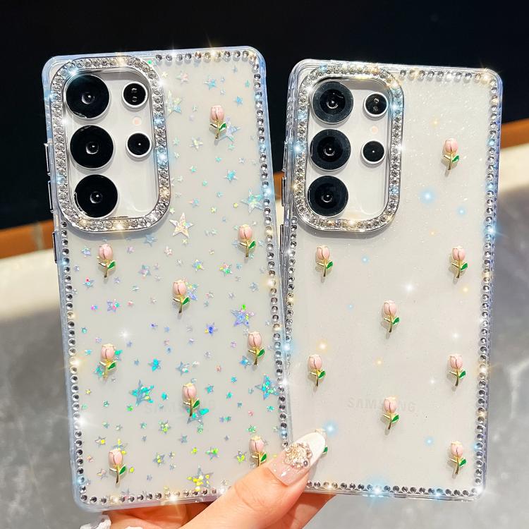 For Samsung Galaxy A56 5G Rhinestone Glitter 3D Tulip Four-Corner Shockproof Phone Case