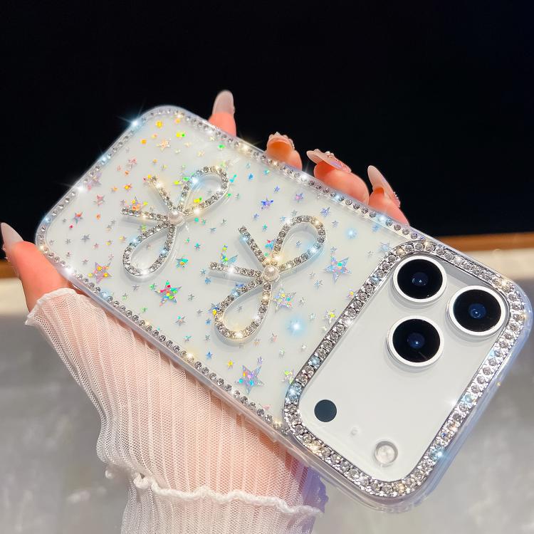 For iPhone 17 Pro Diamond Glitter Dual Bow-knot Shockproof Phone Case