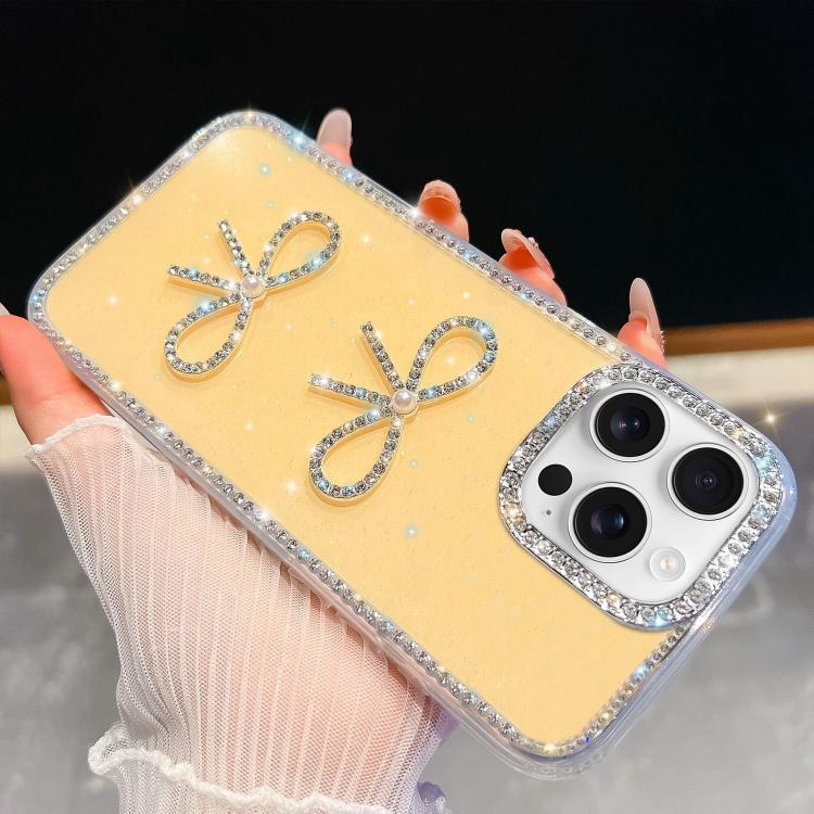 For iPhone 16 Pro Max Diamond Glitter Dual Bow-knot Shockproof Phone Case