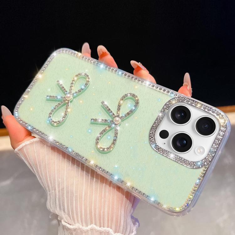 For iPhone 16 Pro Max Diamond Glitter Dual Bow-knot Shockproof Phone Case