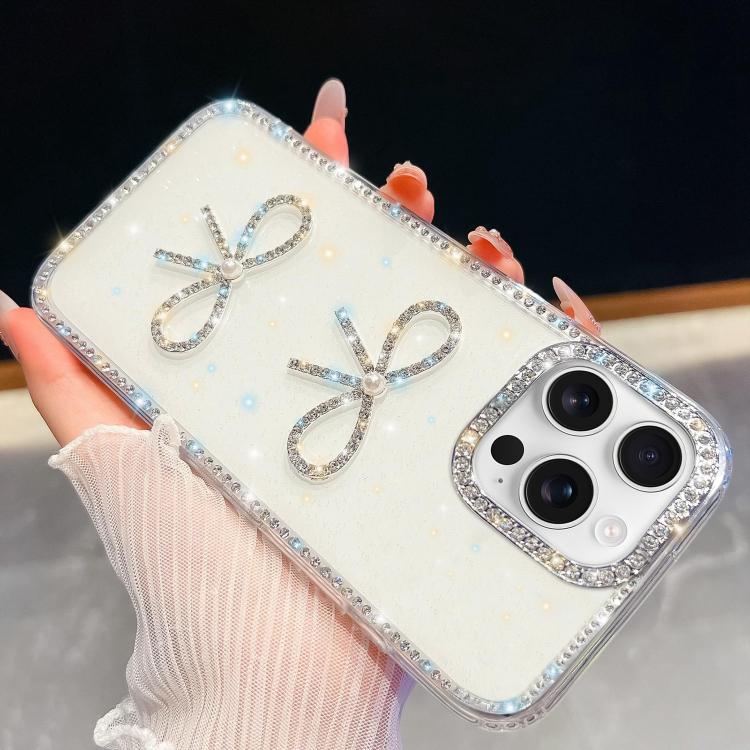 For iPhone 16 Pro Max Diamond Glitter Dual Bow-knot Shockproof Phone Case