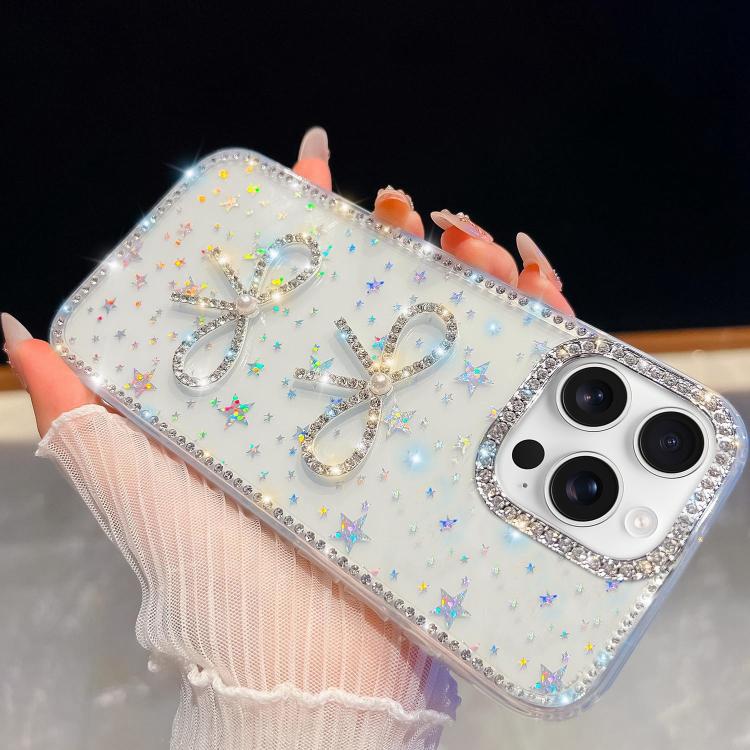 For iPhone 16 Pro Max Diamond Glitter Dual Bow-knot Shockproof Phone Case