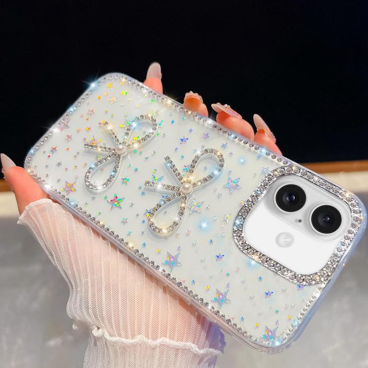 For iPhone 16 Plus Diamond Glitter Dual Bow-knot Shockproof Phone Case