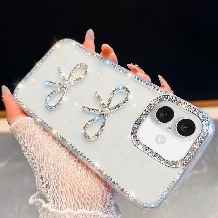 For iPhone 16 Plus Diamond Glitter Dual Bow-knot Shockproof Phone Case