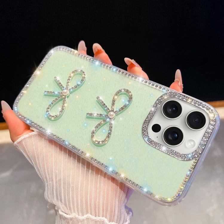 For iPhone 15 Pro Max Diamond Glitter Dual Bow-knot Shockproof Phone Case
