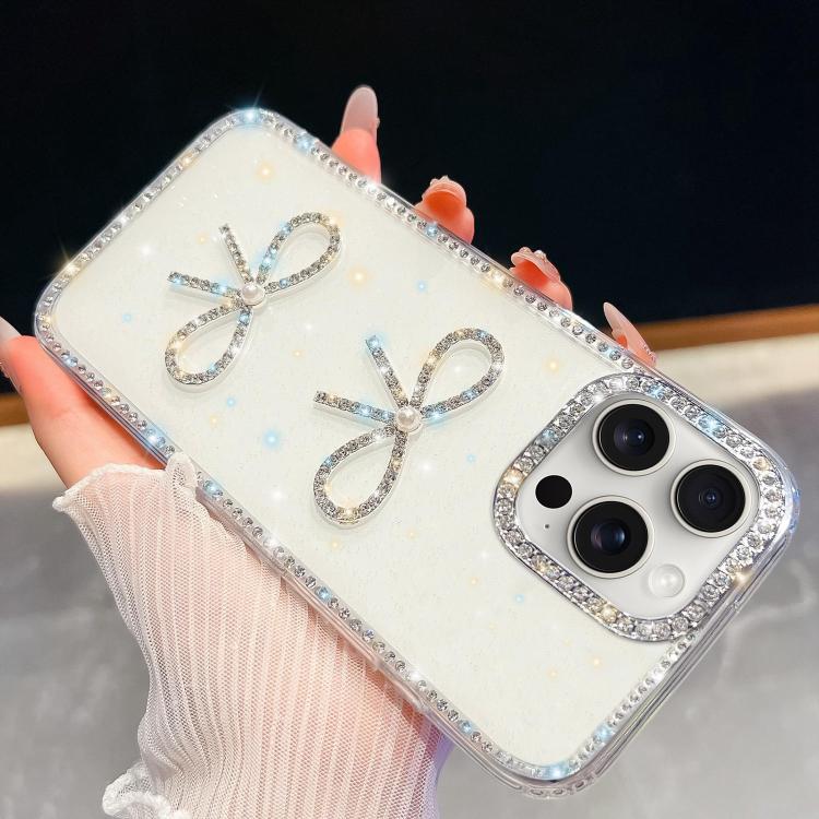 For iPhone 15 Pro Max Diamond Glitter Dual Bow-knot Shockproof Phone Case
