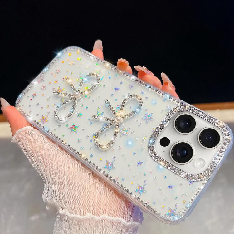 For iPhone 15 Pro Max Diamond Glitter Dual Bow-knot Shockproof Phone Case